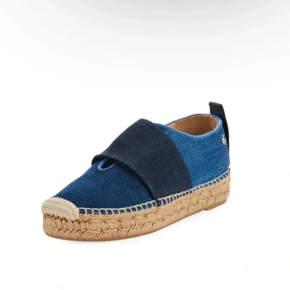 Rag & Bone Nina Blue Denim Leather Jute Slip-On Espadrilles Size 38 / 7.5 - Picture 1 of 15